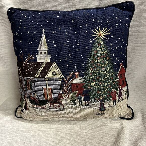 Riverdale Christmas Decorative Throw Pillow Blue Tapestry Church Snow Scene Star - Picture 1 of 8